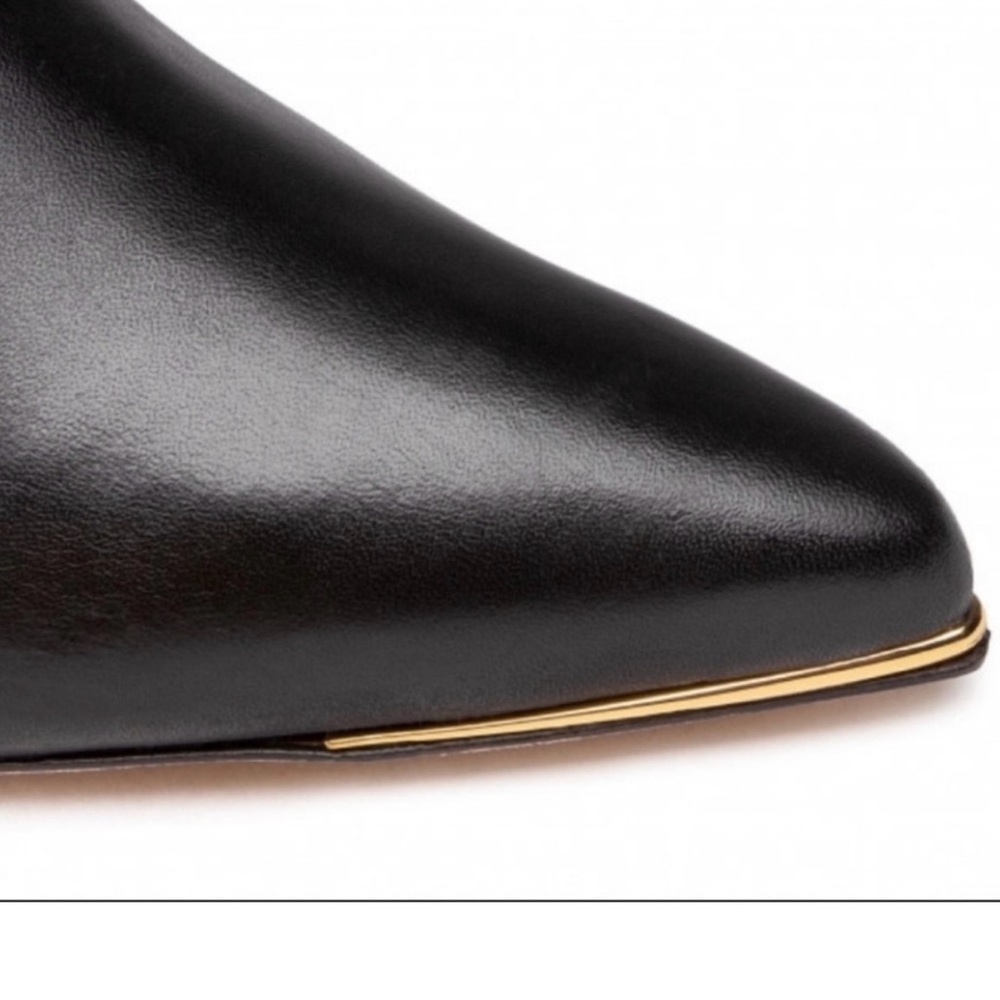 Tory Burch Black Leather Knee-High Heeled Boots with Gold Toe Trim - Picture 7 of 10